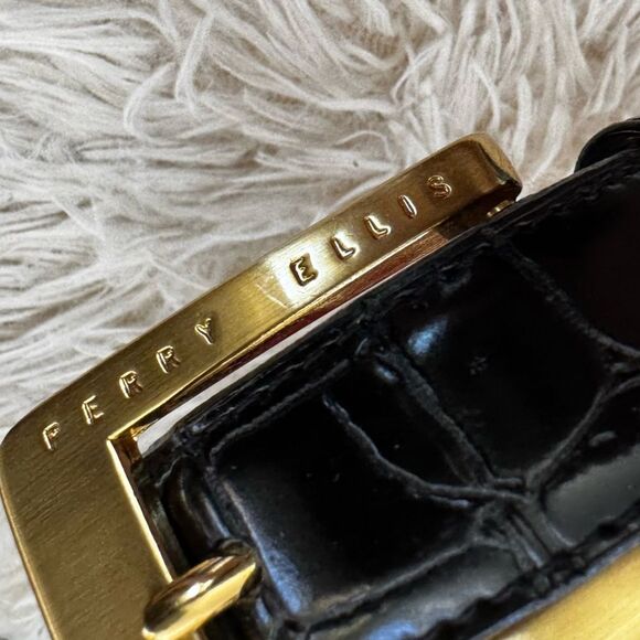 ⸻

🖤 Perry Ellis Black Italian Croco Belt – Size M 🐊 Gold Buckle Elegance - Picture 1 of 8
